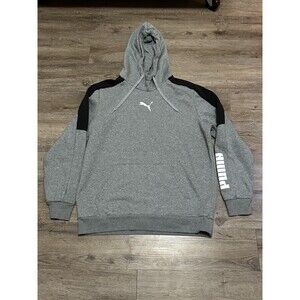 PUMA Men Sports Neck Cover Hoodie Grey Black Stripe Size L Gym Sweatshirt